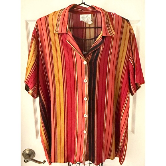 Kathie Lee Collection Tops - Kathie Lee Collection Red Orange Striped 100% Rayon Button Front Blouse